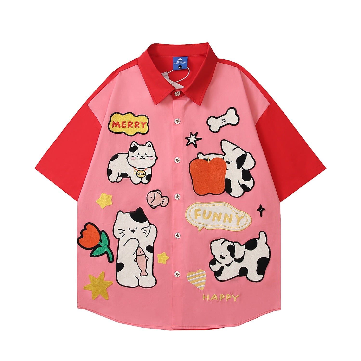 WES®️| ÁO SƠ MI NGẮN TAY THÊU HỌA TIẾT HOẠT HÌNH UNISEX HY892