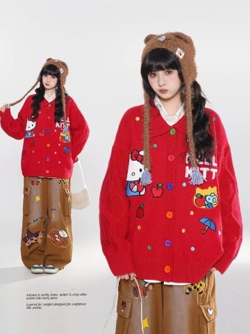 WES®️| ÁO KHOÁC LEN THÊU HELLO KITTY RED RETRO UNISEX WES2026