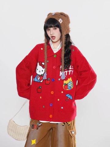 WES®️| ÁO KHOÁC LEN THÊU HELLO KITTY RED RETRO UNISEX WES2026