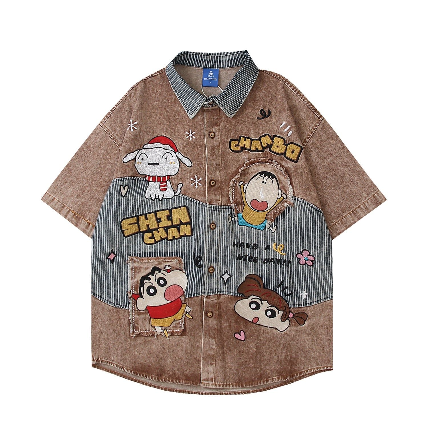 WES®️| ÁO SƠ MI NGẮN TAY THÊU HỌA TIẾT HOẠT HÌNH SHINCHAN UNISEX YH1058