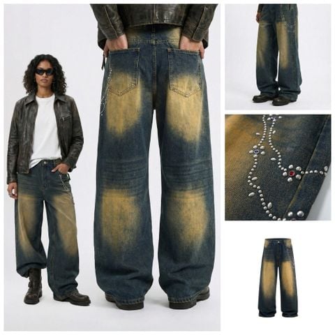 INF®️|QUẦN JEANS ỐNG ĐỨNG ĐÍNH ĐÁ RETRO RÁCH INF 12979