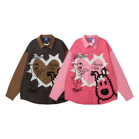WES®️| ÁO SƠ MI DÀI TAY THÊU HỌA TIẾT HOẠT HÌNH UNISEX YH095