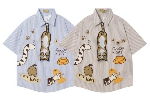 WES®️| ÁO SƠ MI NGẮN TAY THÊU HỌA TIẾT HOẠT HÌNH UNISEX 5255
