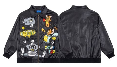 WES®️| ÁO KHOÁC DA PU THÊU HỌA TIẾT HOẠT HÌNH TOM & JERRY UNISEX YH1108
