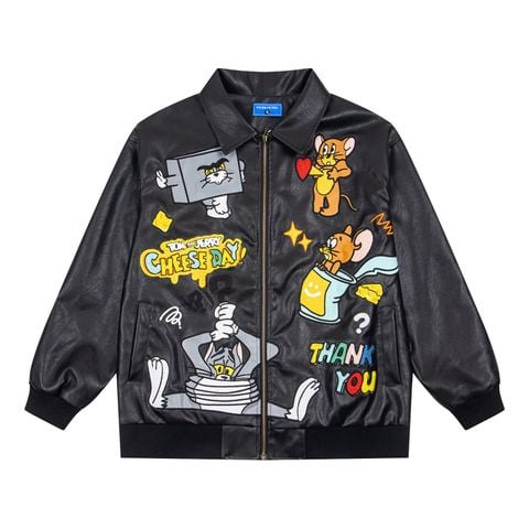 WES®️| ÁO KHOÁC DA PU THÊU HỌA TIẾT HOẠT HÌNH TOM & JERRY UNISEX YH1108