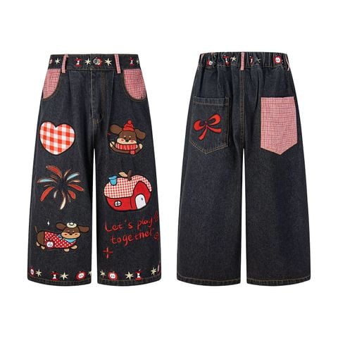 WES®️| QUẦN DENIM THÊU, VẼ HOẠT HÌNH RETRO WASH DÁNG RỘNG UNISEX K102 K104 K105