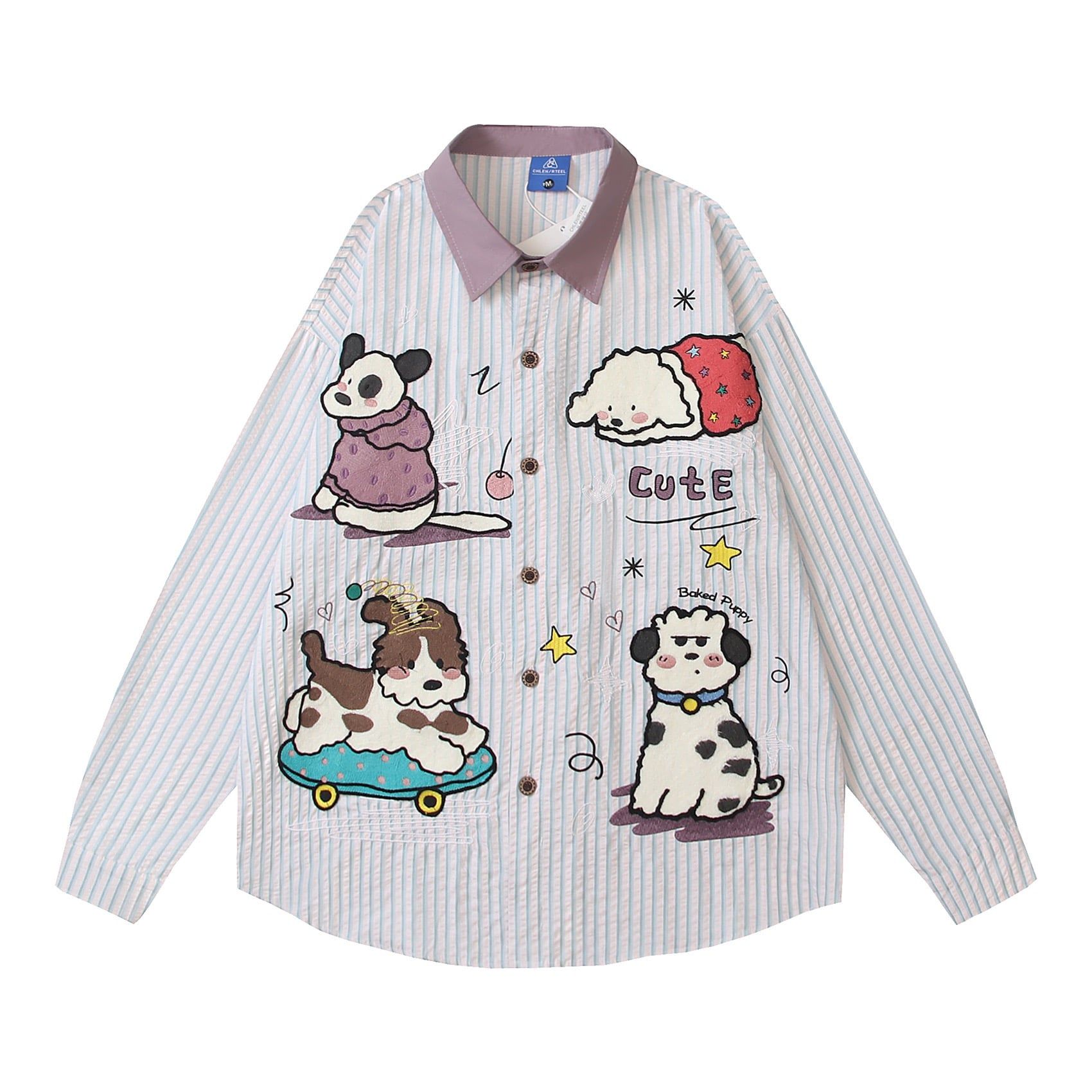 WES®️| ÁO SƠ MI DÀI TAY THÊU HỌA TIẾT HOẠT HÌNH UNISEX YH1088