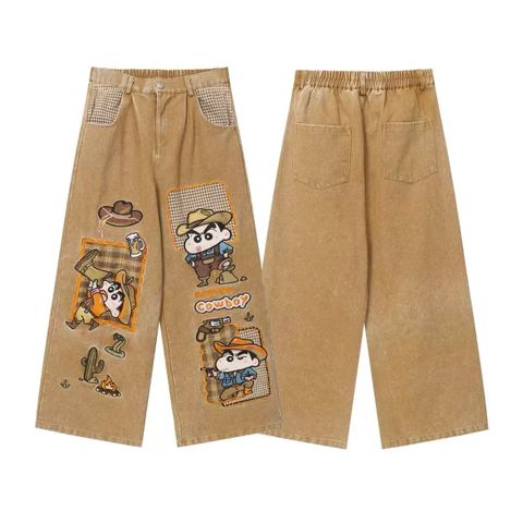 WES®️| QUẦN JEANS RETRO THÊU HỌA TIẾT HOẠT HÌNH VUI NHỘN ỐNG RỘNG WASH UNISEX WES6192