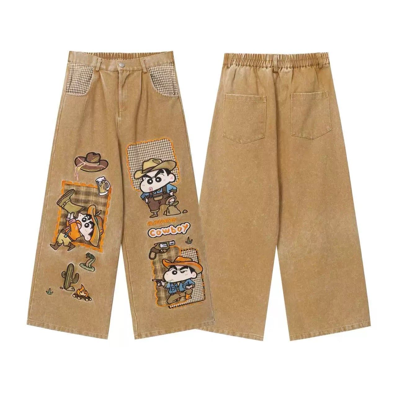 WES®️| QUẦN JEANS RETRO THÊU HỌA TIẾT HOẠT HÌNH VUI NHỘN ỐNG RỘNG WASH UNISEX WES6192