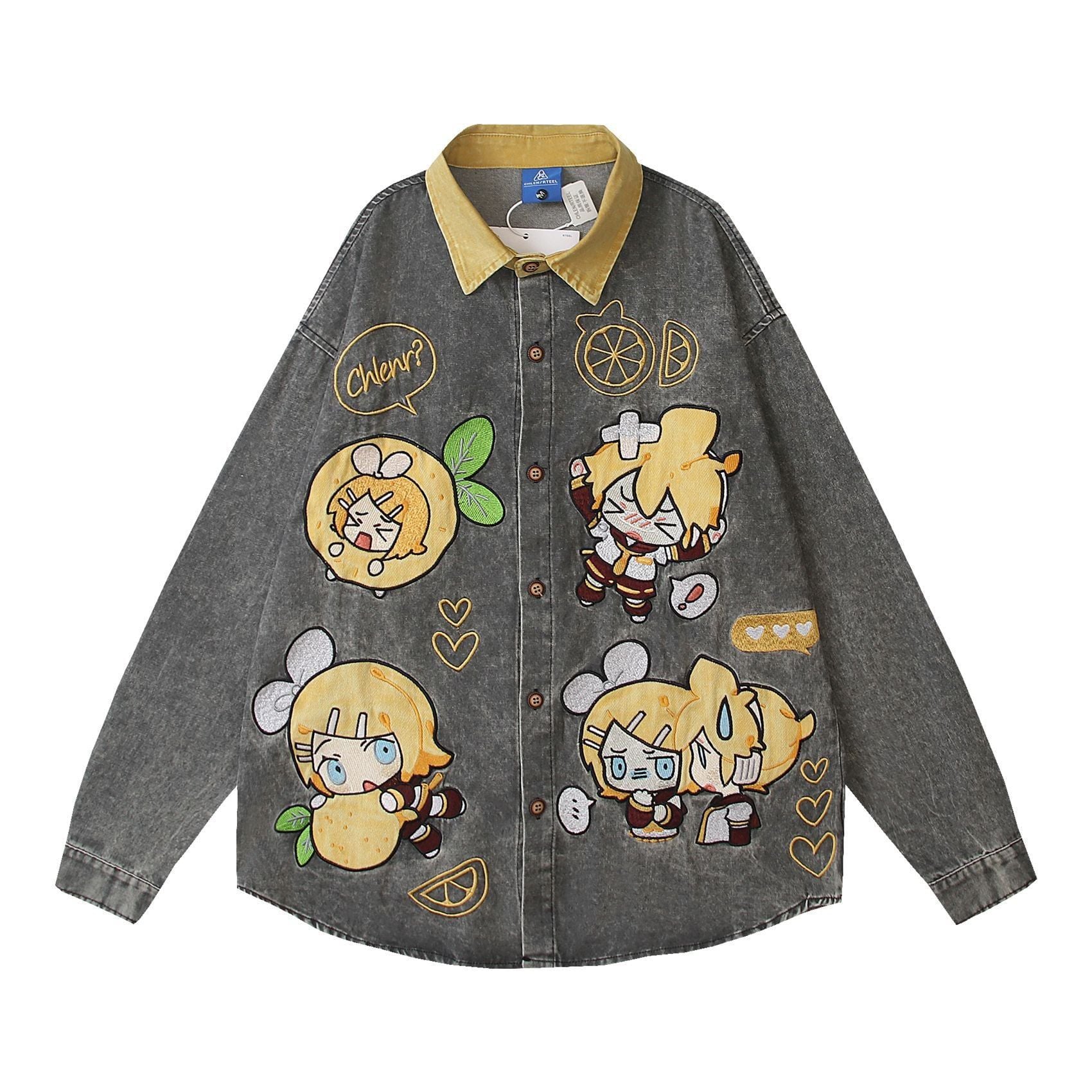 WES®️| ÁO SƠ MI JEAN DÀI TAY THÊU HỌA TIẾT HOẠT HÌNH UNISEX HY956
