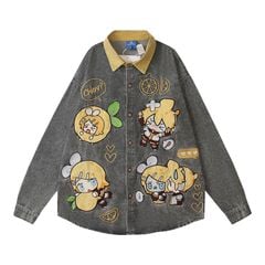 WES®️| ÁO SƠ MI JEAN DÀI TAY THÊU HỌA TIẾT HOẠT HÌNH UNISEX HY956