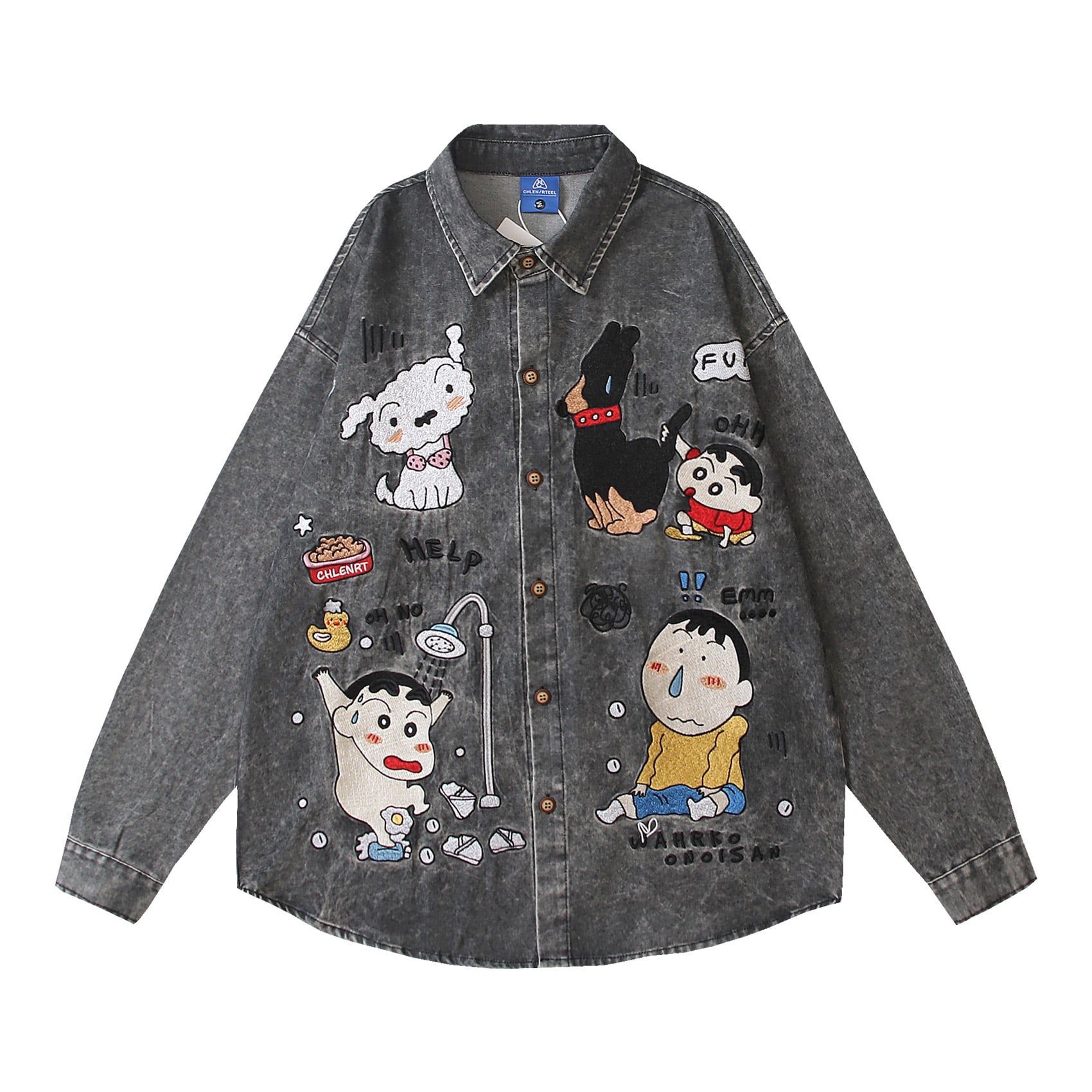 WES®️| ÁO SƠ MI JEAN DÀI TAY THÊU HỌA TIẾT HOẠT HÌNH UNISEX YH1083