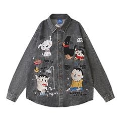 WES®️| ÁO SƠ MI JEAN DÀI TAY THÊU HỌA TIẾT HOẠT HÌNH UNISEX YH1083