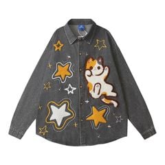 WES®️| ÁO SƠ MI JEAN DÀI TAY THÊU HỌA TIẾT HOẠT HÌNH UNISEX HY1006
