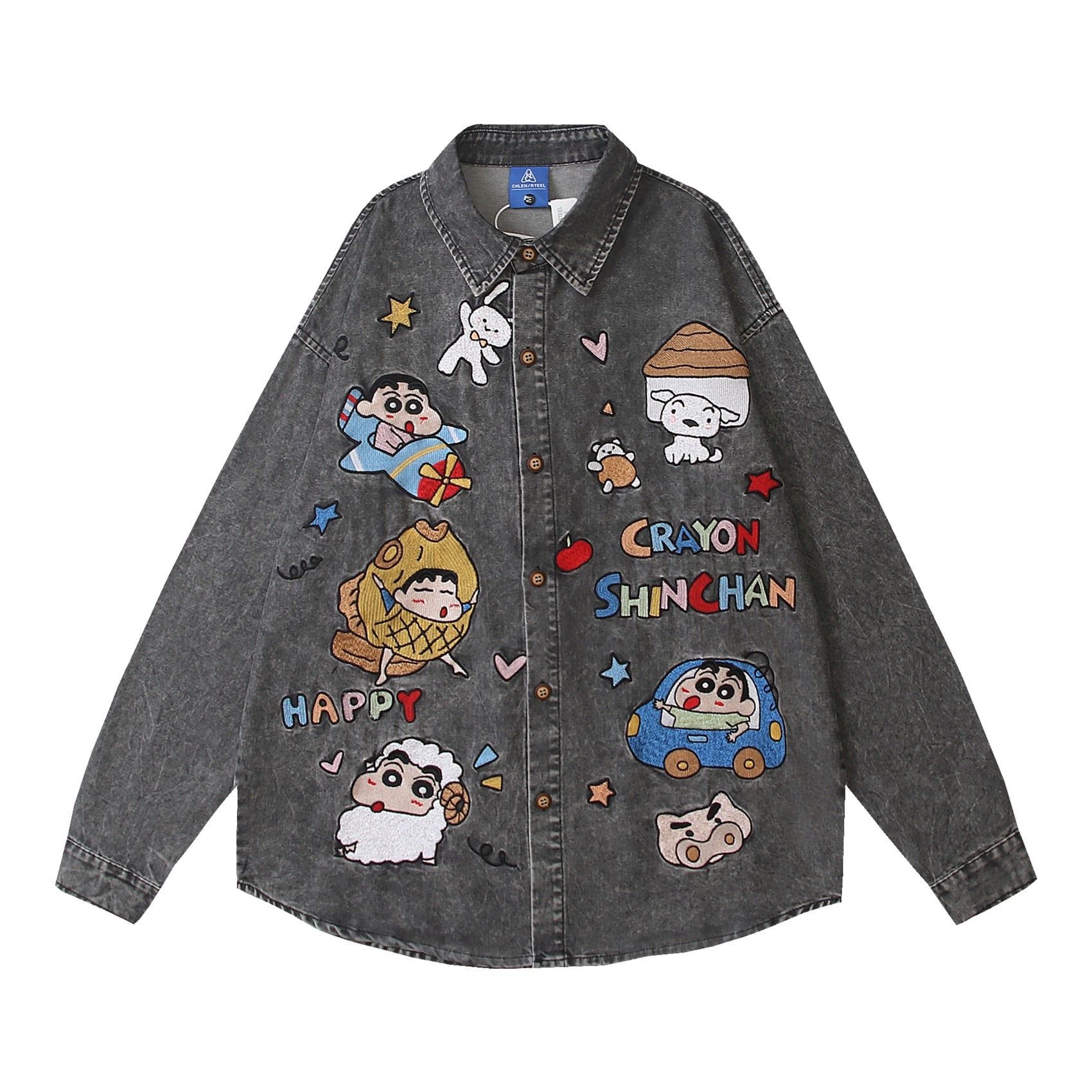 WES®️| ÁO SƠ MI JEAN DÀI TAY THÊU HỌA TIẾT HOẠT HÌNH SHINCHAN UNISEX HY1128