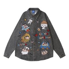 WES®️| ÁO SƠ MI JEAN DÀI TAY THÊU HỌA TIẾT HOẠT HÌNH UNISEX HY1128