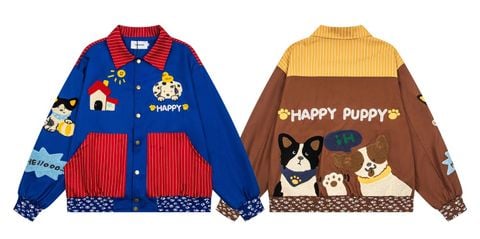WES®️| ÁO KHOÁC VẢI THÔ THÊU HỌA TIẾT HOẠT HÌNH DOG HAPPY UNISEX 8125