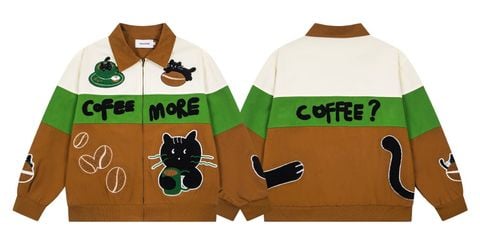 WES®️| ÁO KHOÁC VẢI THÔ THÊU HỌA TIẾT HOẠT HÌNH CAT COFFEE UNISEX 8124