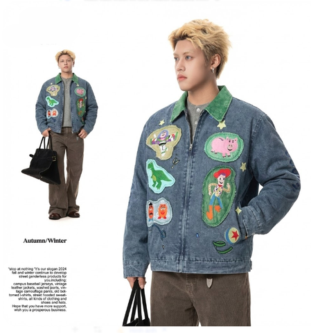 WES®️| ÁO KHOÁC DENIM CỔ BẺ THÊU HỌA TIẾT ĐỘNG VẬT RETRO UNISEX WES2026