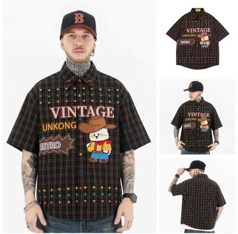 WES®️| ÁO KHOÁC SƠ MI NGẮN TAY KẺ CARO THÊU HỌA TIẾT HOẠT HÌNH RETRO UNISEX WES8006