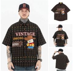 WES®️| ÁO KHOÁC SƠ MI NGẮN TAY KẺ CARO THÊU HỌA TIẾT HOẠT HÌNH RETRO UNISEX WES8006