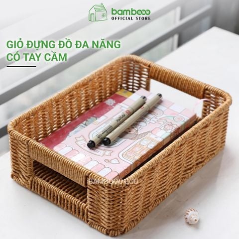 Giỏ đựng đồ giả mây BAMBOOO ECO hộp nhựa để điều khiển, đồ ăn vặt, mỹ phẩm, vật dụng gia đình