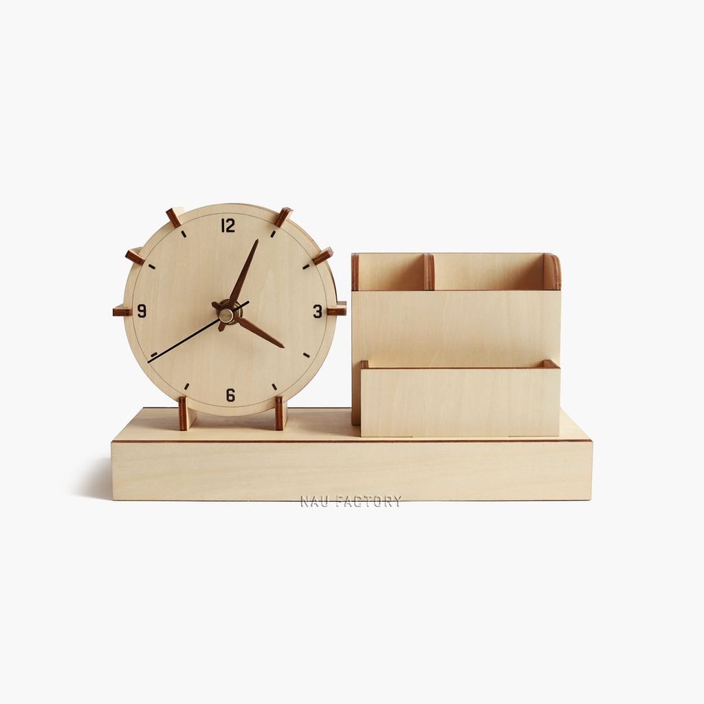 Đồng hồ gỗ để bàn hộp bút | Maple