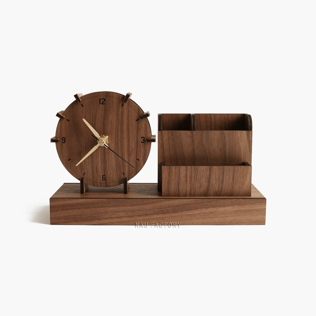 Đồng hồ gỗ để bàn hộp bút | Walnut