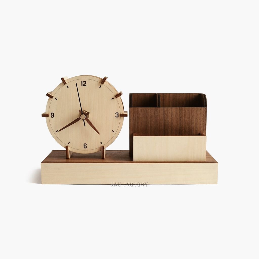 Đồng hồ gỗ để bàn hộp bút | Maple kết hợp Walnut