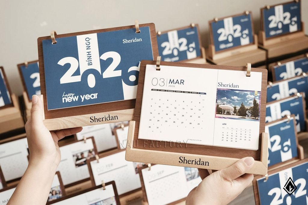 Lịch gỗ chữ U | Thiết kế tờ lịch và in logo lên đế gỗ