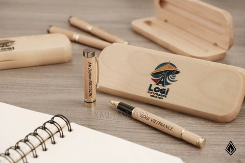 Set bút và hộp bút gỗ Maple | Khắc logo theo yêu cầu