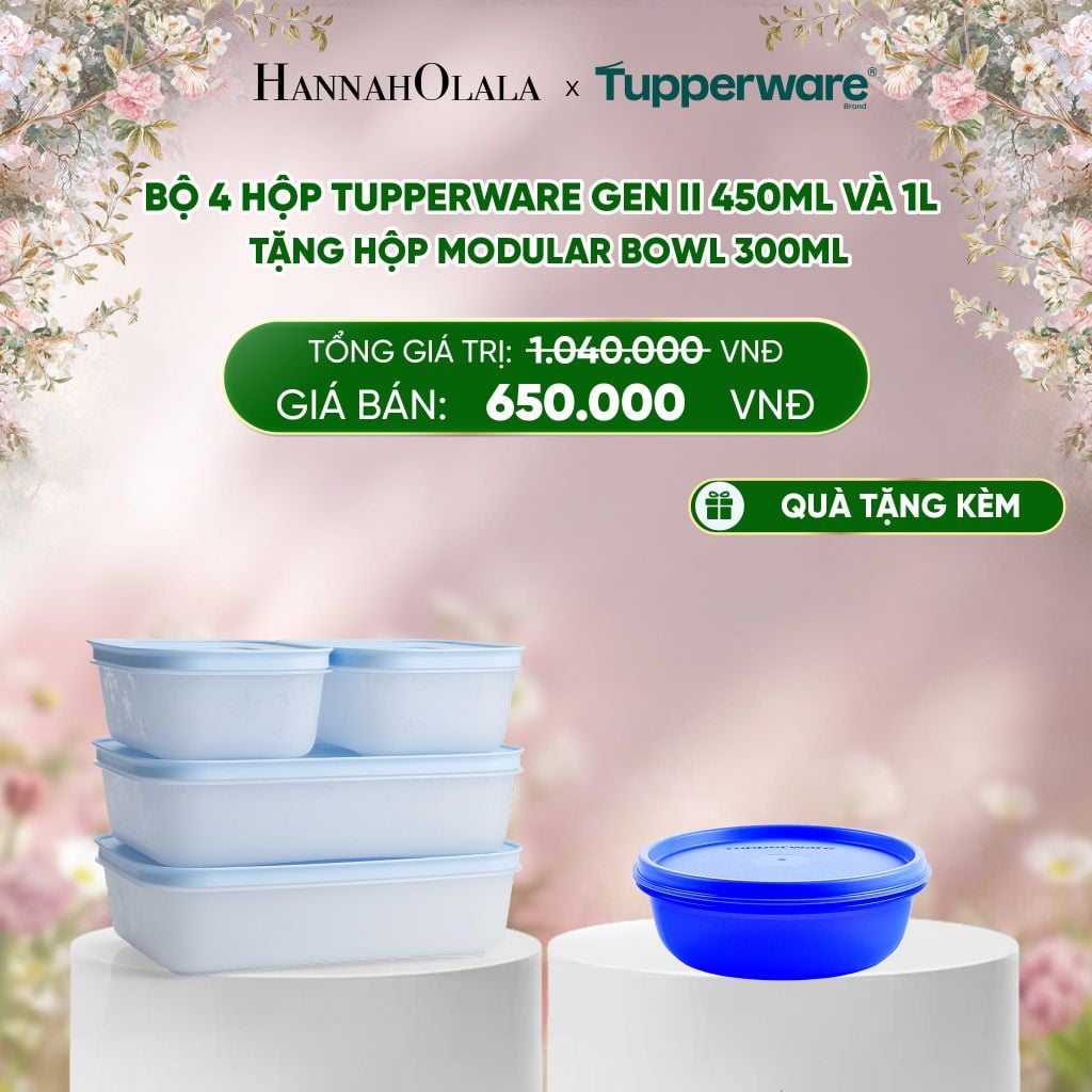  E219_DEAL 43 : BỘ 4 HỘP ĐỰNG THỰC PHẨM TUPPERWARE TRỮ ĐÔNG GEN II 450ML VÀ 1L + TẶNG HỘP ĐỰNG THỰC PHẨM TUPPERWARE TRỮ KHÔ VÀ MÁT MODULAR BOWL 300ML 
