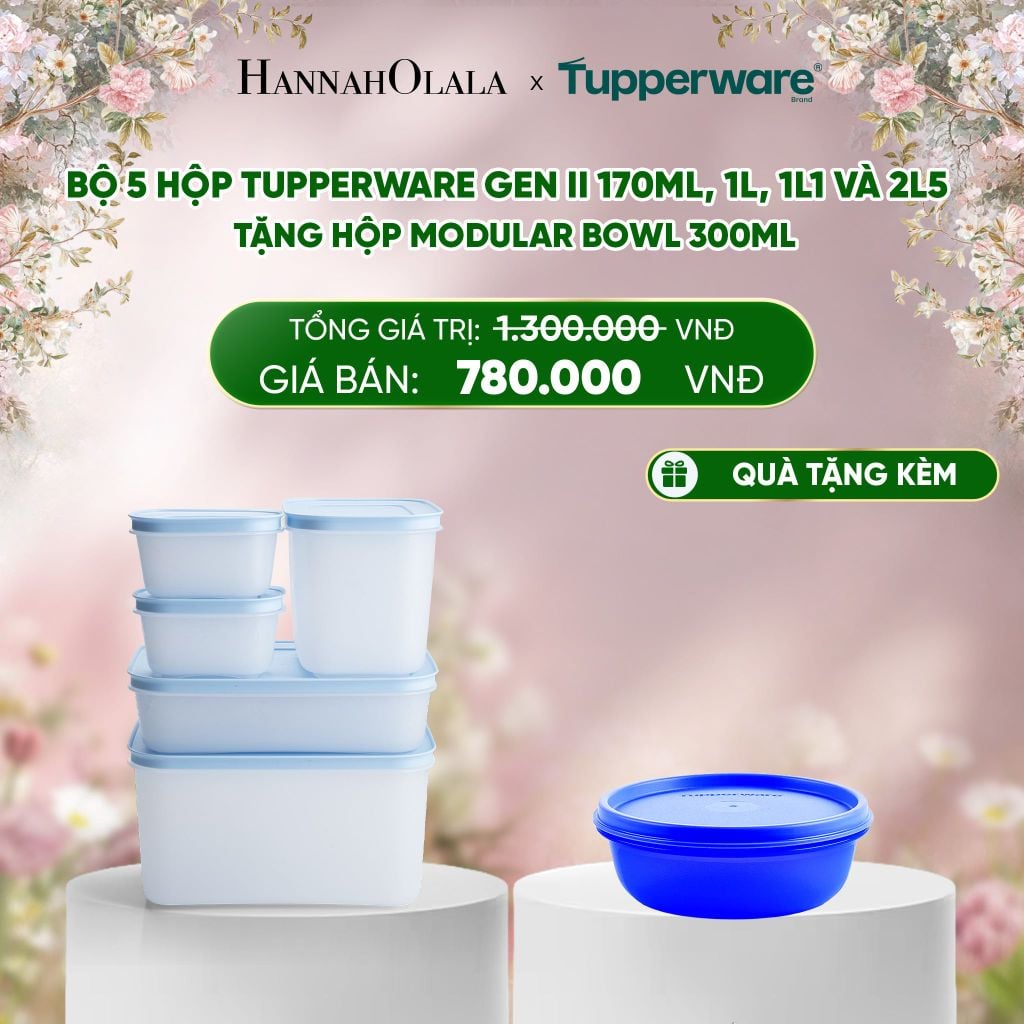  E220_DEAL 42 : BỘ 5 HỘP ĐỰNG THỰC PHẨM TUPPERWARE TRỮ ĐÔNG GEN II 170ML, 1L, 1L1 VÀ 2L5 + TẶNG HỘP ĐỰNG THỰC PHẨM TUPPERWARE TRỮ KHÔ VÀ MÁT MODULAR BOWL 300ML 