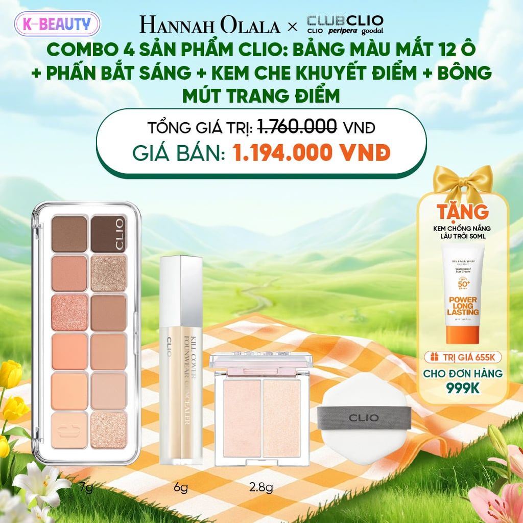  COMBO 4 SẢN PHẨM CLIO: BẢNG MÀU MẮT 12 Ô+ PHẤN BẮT SÁNG + KEM CHE KHUYẾT ĐIỂM + BÔNG MÚT TRANG ĐIỂM_K38 