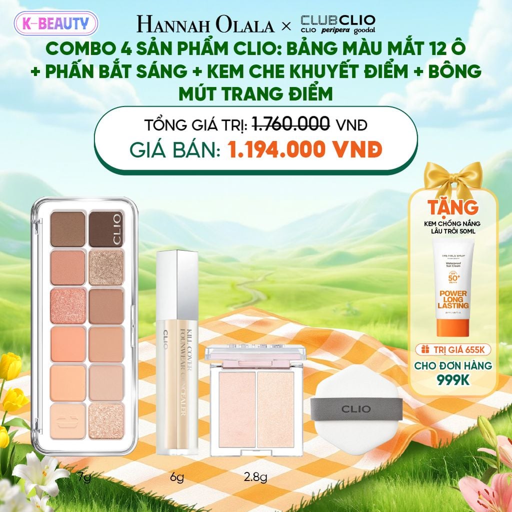  COMBO 4 SẢN PHẨM CLIO: BẢNG MÀU MẮT 12 Ô+ PHẤN BẮT SÁNG + KEM CHE KHUYẾT ĐIỂM + BÔNG MÚT TRANG ĐIỂM_K38 