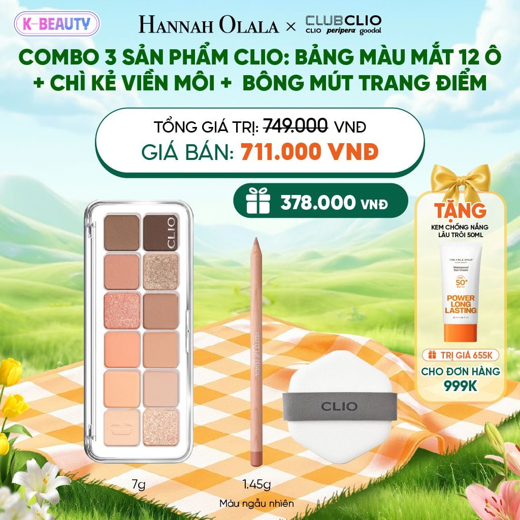  COMBO 3 SẢN PHẨM CLIO: BẢNG MÀU MẮT 12 Ô+ CHÌ KẺ VIỀN MÔI + BÔNG MÚT TRANG ĐIỂM_K52 