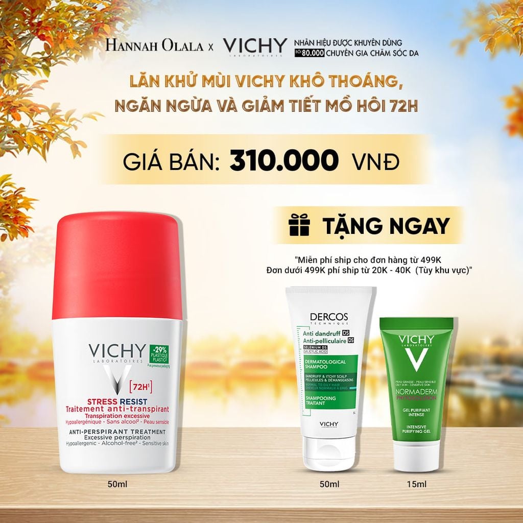  LĂN KHỬ MÙI VICHY KHÔ THOÁNG, NGĂN NGỪA VÀ GIẢM TIẾT MỒ HÔI 72H, KHÔNG GÂY KÍCH ỨNG, SẠM DA 50ML - E626 