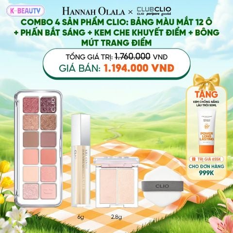  COMBO 4 SẢN PHẨM CLIO: BẢNG MÀU MẮT 12 Ô+ PHẤN BẮT SÁNG + KEM CHE KHUYẾT ĐIỂM + BÔNG MÚT TRANG ĐIỂM_K38 