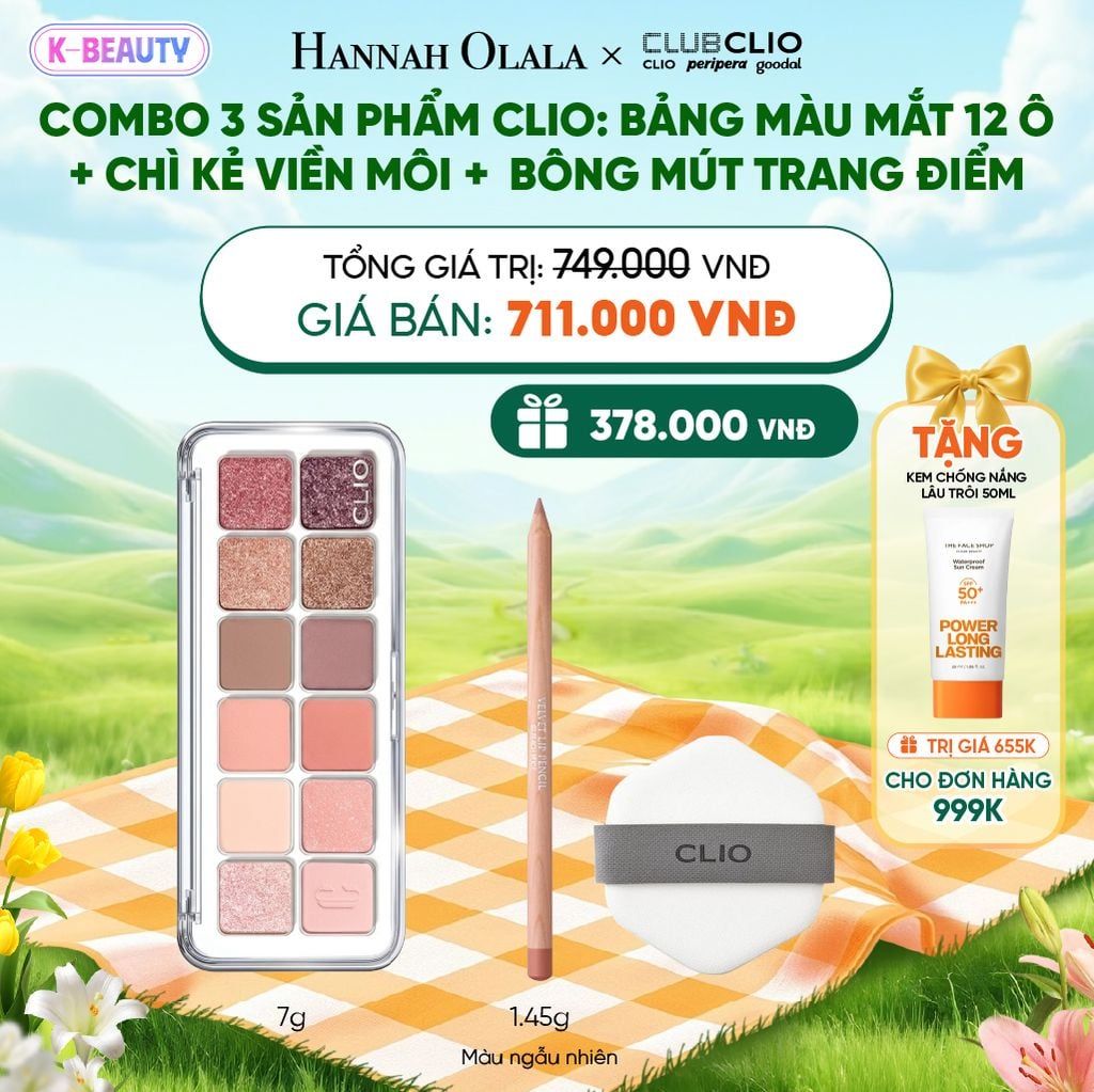  COMBO 3 SẢN PHẨM CLIO: BẢNG MÀU MẮT 12 Ô+ CHÌ KẺ VIỀN MÔI + BÔNG MÚT TRANG ĐIỂM_K52 