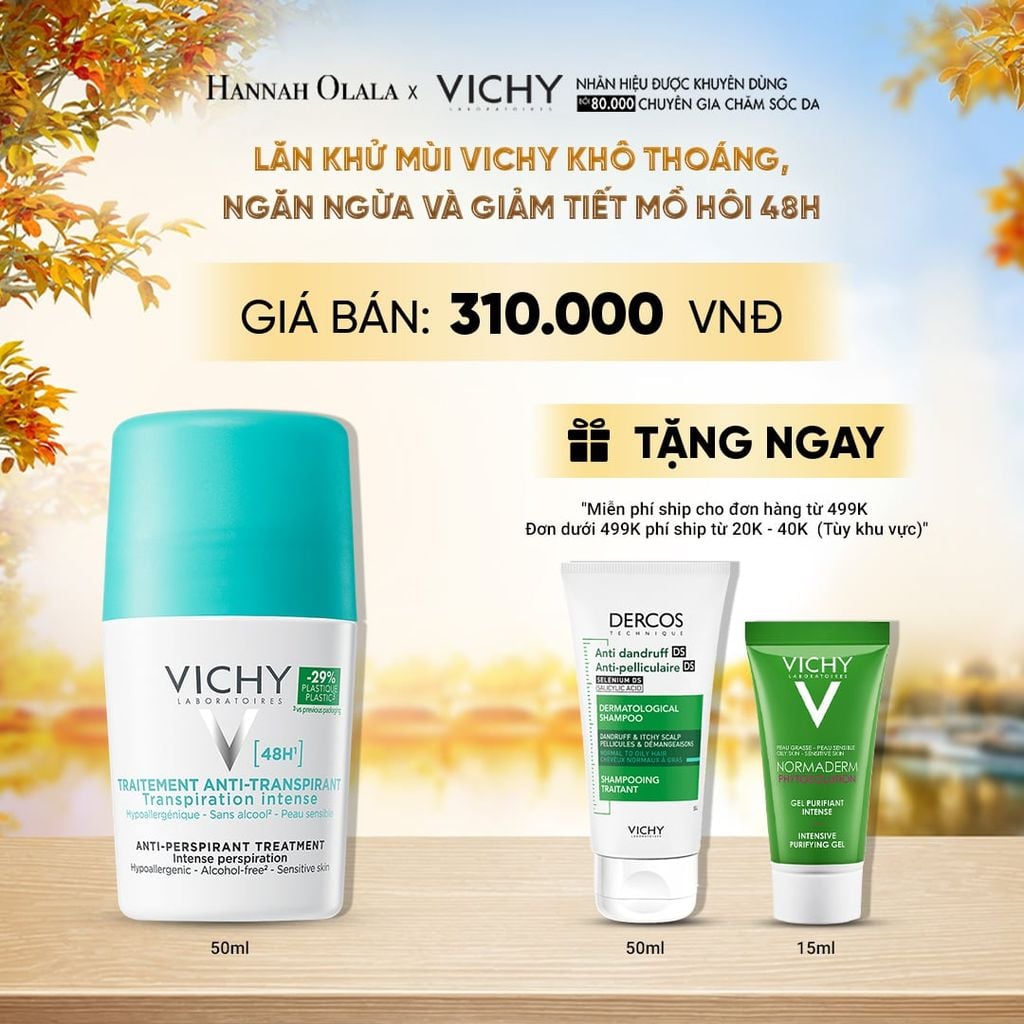  LĂN KHỬ MÙI VICHY KHÔ THOÁNG, NGĂN NGỪA VÀ GIẢM TIẾT MỒ HÔI 48H, KHÔNG GÂY KÍCH ỨNG, SẠM DA 50ML - E627 