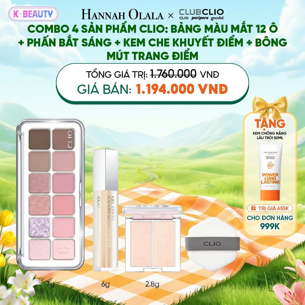  COMBO 4 SẢN PHẨM CLIO: BẢNG MÀU MẮT 12 Ô+ PHẤN BẮT SÁNG + KEM CHE KHUYẾT ĐIỂM + BÔNG MÚT TRANG ĐIỂM_K38 