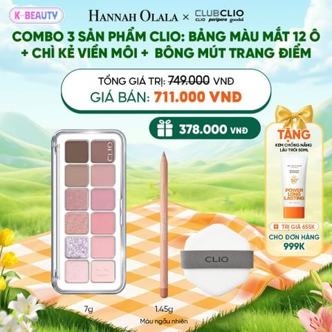  COMBO 3 SẢN PHẨM CLIO: BẢNG MÀU MẮT 12 Ô+ CHÌ KẺ VIỀN MÔI + BÔNG MÚT TRANG ĐIỂM_K52 