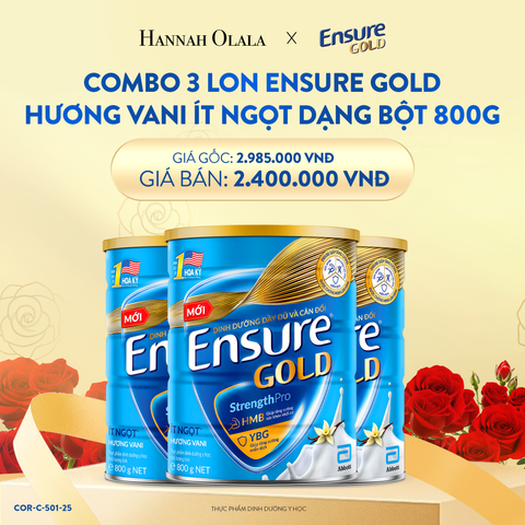  E88_DEAL 3: COMBO 3 LON ENSURE GOLD DẠNG BỘT 800G (VANI + ÍT NGỌT) 