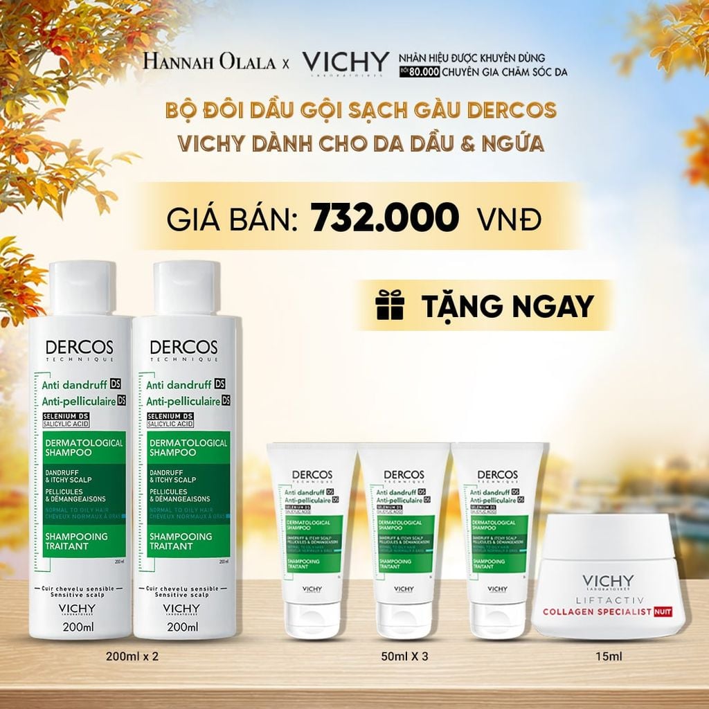  BỘ ĐÔI DẦU GỘI SẠCH GÀU DERCOS VICHY DÀNH CHO DA DẦU & NGỨA 200ML - E631 
