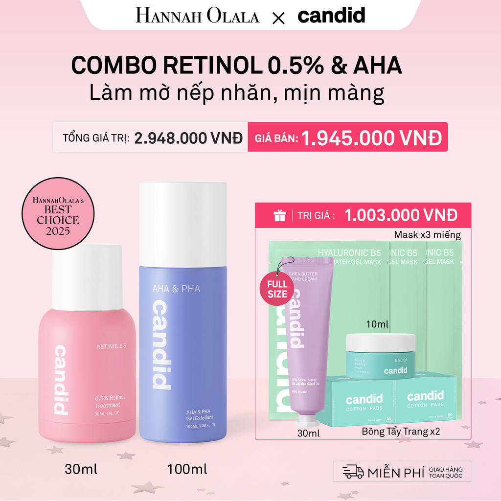  RETINOL 0.5 & AHA BỘ ĐÔI LÀM MỜ NẾP NHĂN, TẨY TẾ BÀO CHẾT DỊU NHẸ, THÔNG THOÁNG LỖ CHÂN LÔNG - DEAL 8 