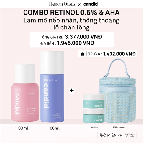  A17_DEAL 8: RETINOL 0.5 30ML & AHA 100ML BỘ ĐÔI LÀM MỜ NẾP NHĂN, TẨY TẾ BÀO CHẾT DỊU NHẸ, THÔNG THOÁNG LỖ CHÂN LÔNG 