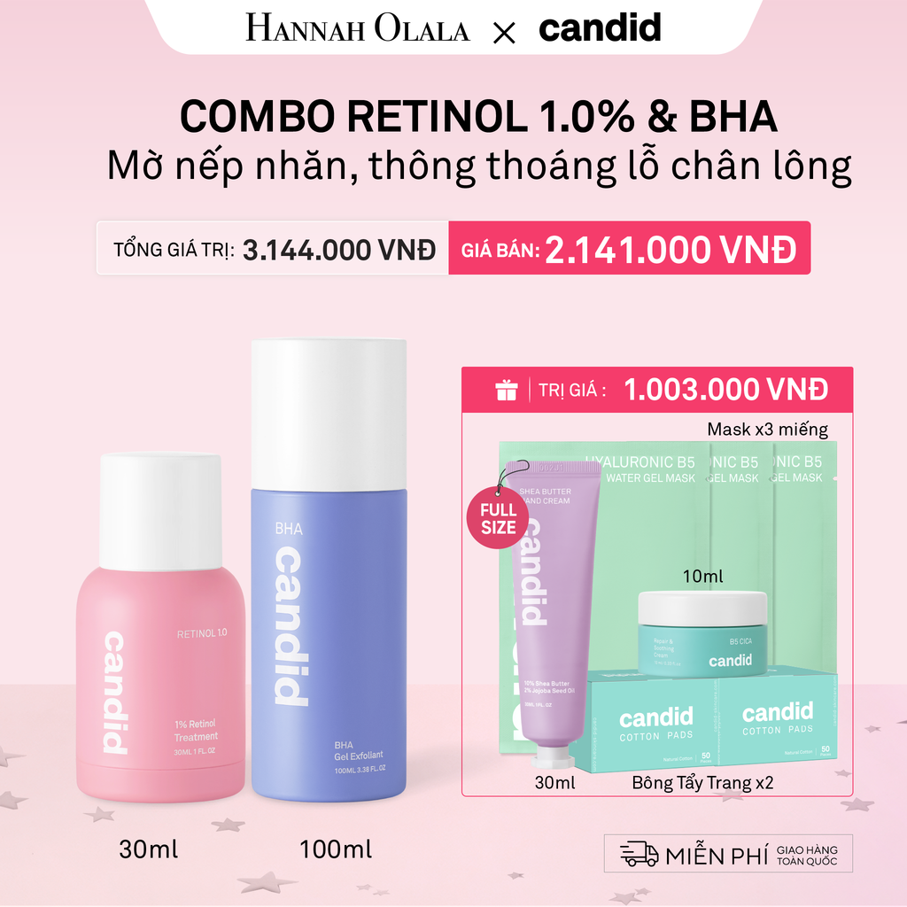  RETINOL 1.0 30ML & BHA 100ML BỘ ĐÔI LÀM MỜ NẾP NHĂN, TẨY TẾ BÀO CHẾT DỊU NHẸ, THÔNG THOÁNG LỖ CHÂN LÔNG - DEAL 9 