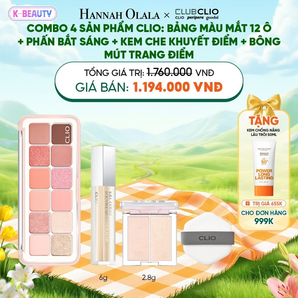  COMBO 4 SẢN PHẨM CLIO: BẢNG MÀU MẮT 12 Ô+ PHẤN BẮT SÁNG + KEM CHE KHUYẾT ĐIỂM + BÔNG MÚT TRANG ĐIỂM_K38 