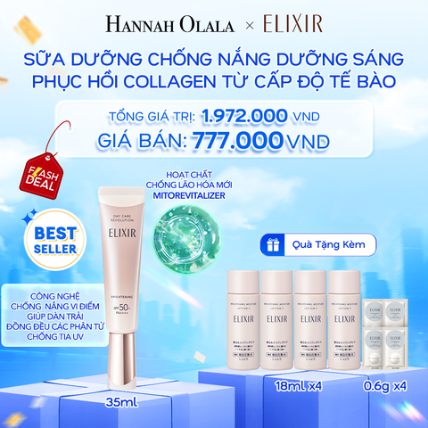  A48: DEAL 14: SỮA CHỐNG NẮNG DƯỠNG SÁNG PHỤC HỒI COLLAGEN TỪ CẤP ĐỘ TẾ BÀO ELIXIR DAY CARE REVOLUTION SPF50+ 35ML 