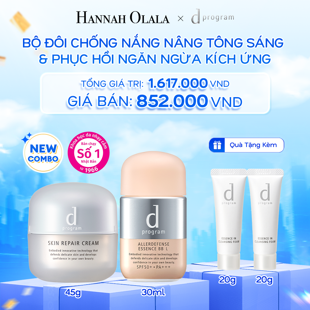  A31: DEAL 15: COMBO KEM DƯỠNG PHỤC HỒI DA D PROGRAM SKIN REPAIR CREAM 45G + KEM CHỐNG NẮNG TRANG ĐIỂM DẠNG TINH CHẤT DÀNH CHO DA NHẠY CẢM DPROGRAM ALLERDEFENSE ESSENCE BB TÔNG SÁNG 40ML, SPF43, PA+++ 